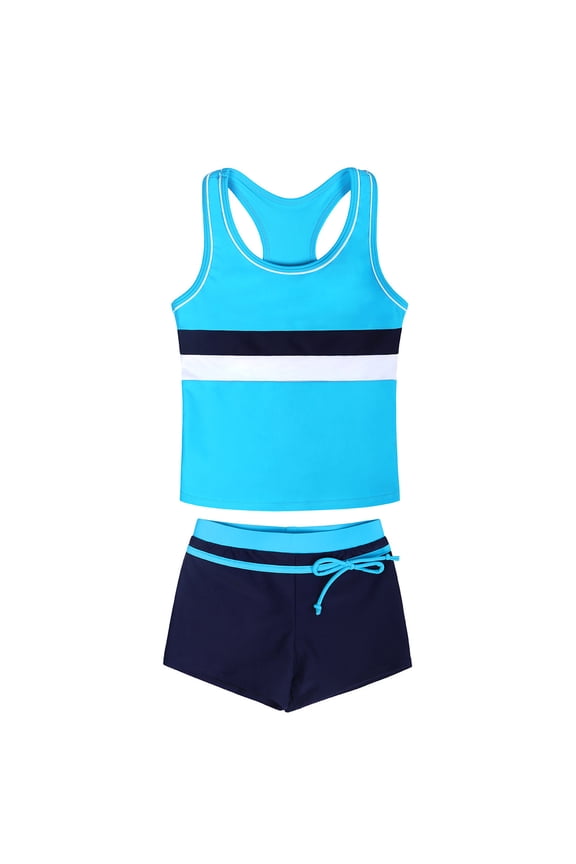 Two Piece Tankini Set for Teen Girls Stripe & Color-Block Tankini Top with Swim Shorts, Drawstring Waist for Tweens Casual Beach Vacation and Swimming (6-17Y)