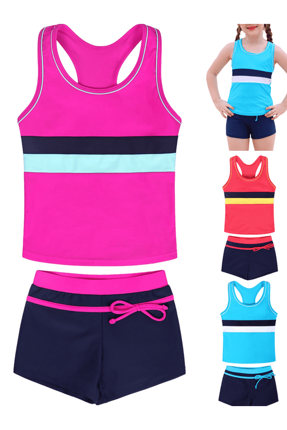 Two Piece Tankini Set for Teen Girls Stripe & Color-Block Tankini Top with Swim Shorts, Drawstring Waist for Tweens Casual Beach Vacation and Swimming (6-17Y)