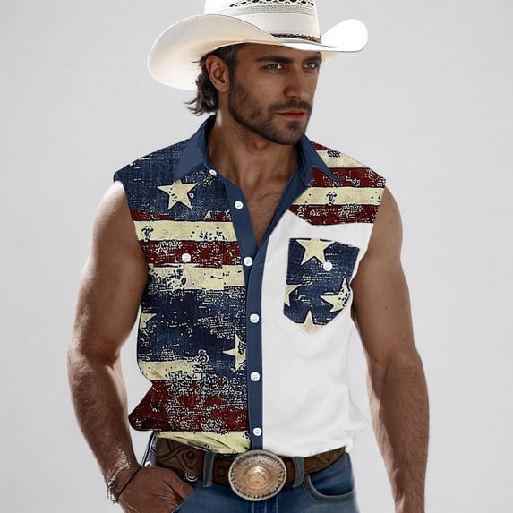 Xdegoge USA 4th of July Sleeveless Button Down Shirts for Men American Flag Star Wave Print Western CowMen Style Regular Fit Patriotic Tops