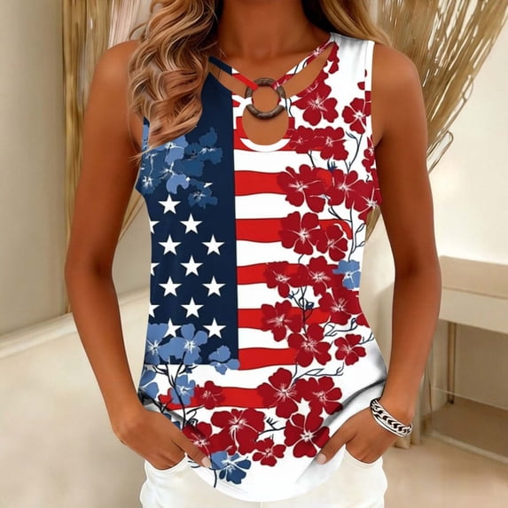 Xdegoge USA American Flag Tank Tops for Women 4th Of July Patriotic Shirts Vintage Rose Floral Stars and Stripes Sleeveless Blouses Summer Independence Day Casual Graphic Sleeveless