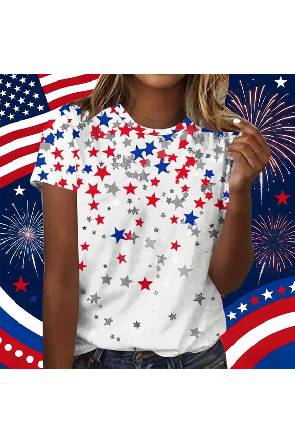 USA Patriotic T Shirt for Women Paint Drip American Flag Graphic Short Sleeve Crewneck Casual Tops 4th of July Independence Day Holiday Celebration Loose Shirts Tees