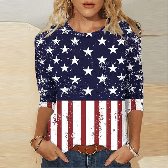 Xdegoge USA Vintage American Flag Stars Stripes Color Block T Shirt for Women Three Quarter Sleeve Crewneck Casual 4th of July Patriotic Summer Holiday Tees Tops