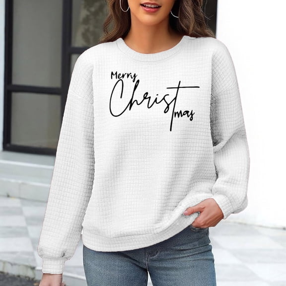 Xdegoge Ugly Sweatshirt Christmas Women Waffle-Knit Crew Neck Long Sleeve Tops Xmas Letter Print Shirts Fashion Plus Size Christmas Holiday Tops for Women Dressy, White M