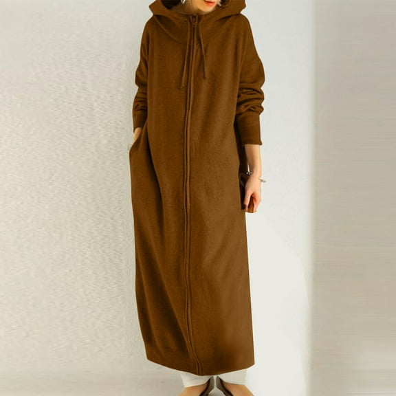 Xdegoge Ultra Long Hoodie for Women Full Zip Drawstring Stand Collar Hooded Coat with Pockets Plus Size Maxi Solid Color Casual Loose Jackets Fall Winter Trendy Y2K Outerwear 2025