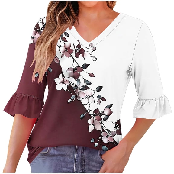 Xdegoge V Neck 3/4 Sleeve Tops for Women Striped Flare Sleeves and Ruffle Hem, Vintage Summer Blouse Fashion Graphic Tees