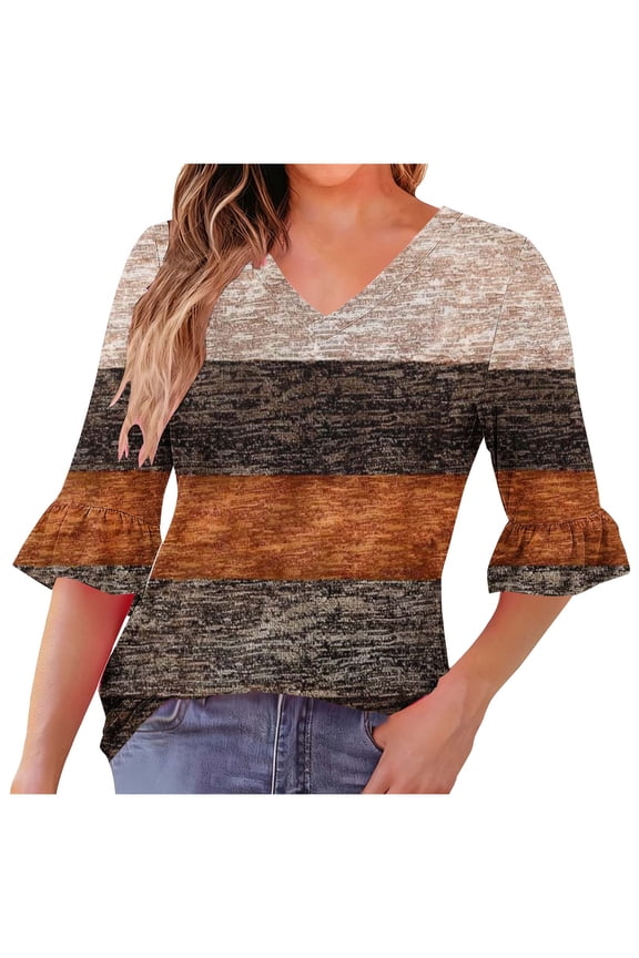 V Neck 3/4 Sleeve Tops for Women Striped Flare Sleeves and Ruffle Hem, Vintage Summer Blouse Fashion Graphic Tees