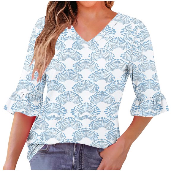 Xdegoge V Neck 3/4 Sleeve Tops for Women Striped Flare Sleeves and Ruffle Hem, Vintage Summer Blouse Fashion Graphic Tees