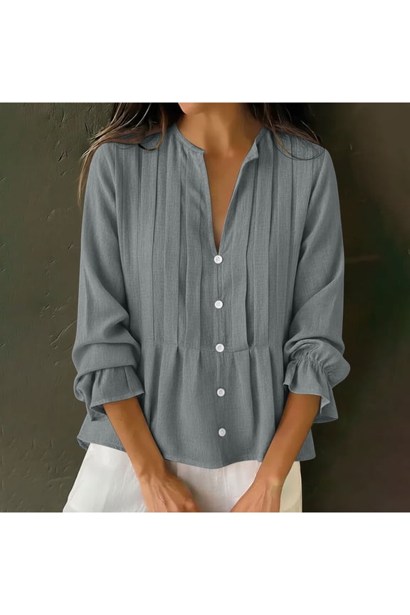 V Neck Blouses for Women Cotton Linen Pleated Front Button Down Shirts Ruffle Cuff Long Sleeve Tops Casual Work Office Elegant Peplum Tunic Shirts for Leggings