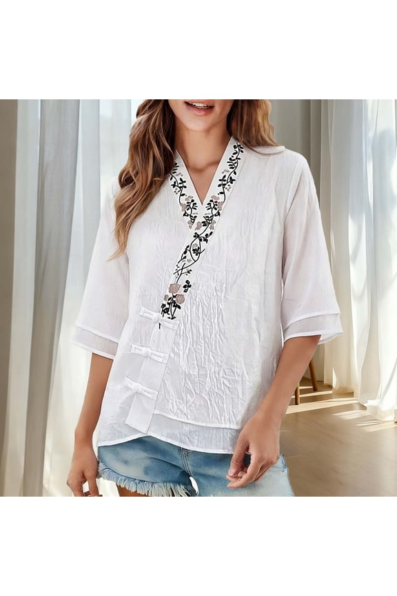 V Neck Cotton Linen Tops for Women 3/4 Sleeve Wrap Front Frog Button Blouses Vintage Embellished Relaxed Fit Casual Daily Lightweight Flowy Shirts