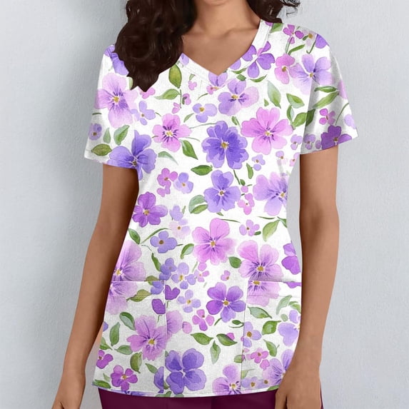 Xdegoge V-Neck Scrub Tops for Women Heart And Paw Print Graphic Short Sleeve Workwear Casual Tunic With Pockets Soft Stretchy Lightweight Breathable Summer Daily Tops