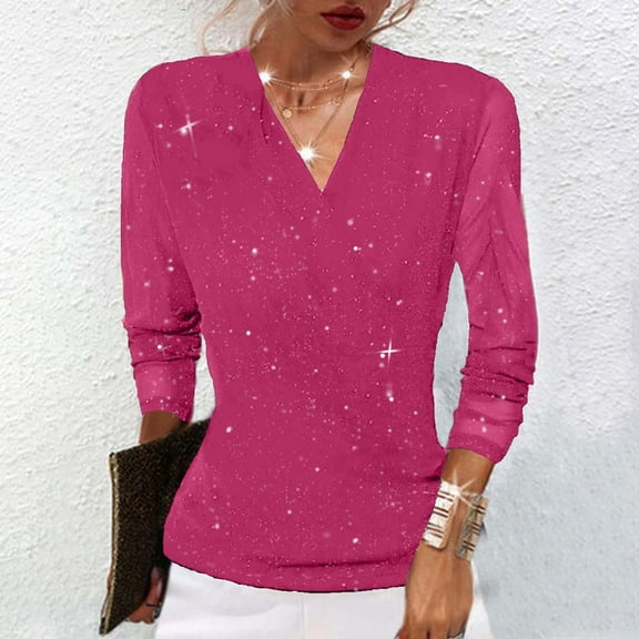 Xdegoge V Neck Sequin Tops for Women Party Night Going Out Long Sleeve Blouses Sparkly Glitter Fashion Dressy Casual Mesh Shirts