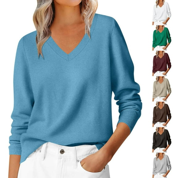 Xdegoge V Neck Sweaters for Women Trendy Dressy Long Sleeve Pullover Sweater Basic Casual Loose Solid Color Tops 2025 Fall Winter Outdoor Outfits