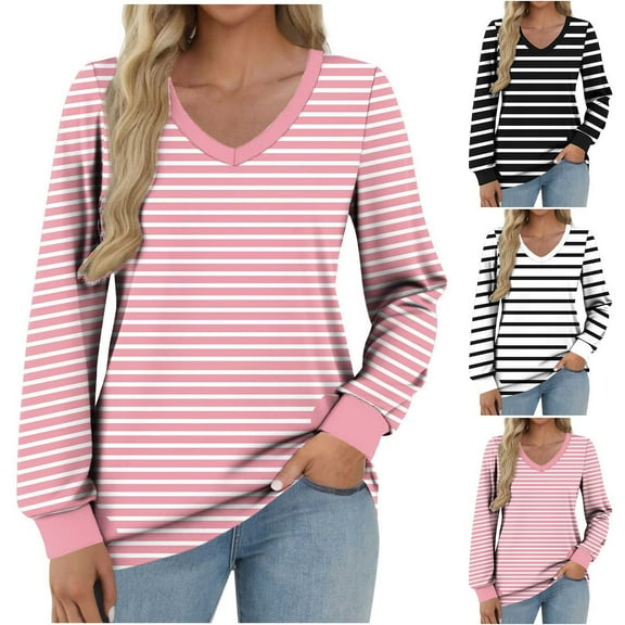Xdegoge V Neck Sweatshirt for Women Trendy Striped Long Sleeve Pullover Tunic Tops Casual Classic Loose Sweatshirts 2025 Fall Winter Y2K Outfits