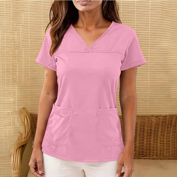 Xdegoge V Neck T Shirts for Women Short Sleeve Casual Everyday Workwear Basic Relaxed Fit Solid Double Pockets Detail Soft Breathable Summer Tops