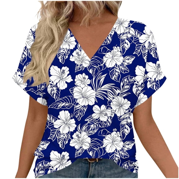 Xdegoge V Neck Tops for Women Tropical Print, Palm Leaf Pattern, Loose Fit Dressy Casual Short Sleeve Summer Shirts Vacation Beach Boho Blouses