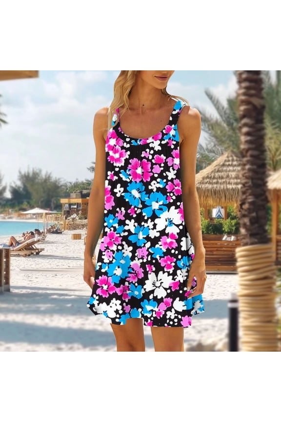Vacation Dresses for Women Flowy Fit Scoop Neck Short Dress Sleeveless Shift Dress Botanical Graphic Print Summer Beach Lounge Daily Wear