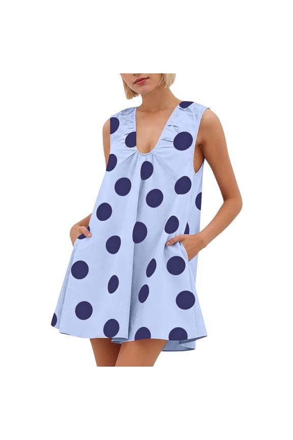 Vacation Dresses for Women Relaxed Fit Notch V-Neck Mini Dresses Sleeveless Shift Dress Polka Dot Print Side Pockets Summer Beach Wear