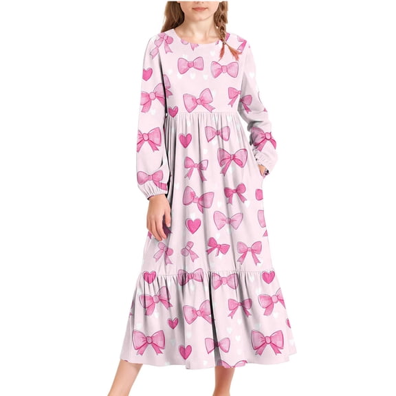 Xdegoge Valentine's Day Dress for Girls Heart Pattern Long Sleeve Maxi Dress Party Wear Cute Holiday Outfit for Kids
