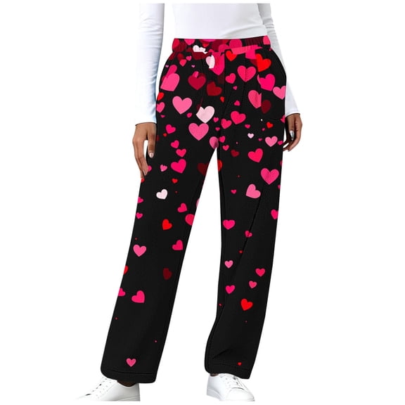 Xdegoge Valentine's Day Sweatpants for Women Fleece Warm Elastic Waist Wide Leg Pants Heart Print Casual Party Trousers with Pockets