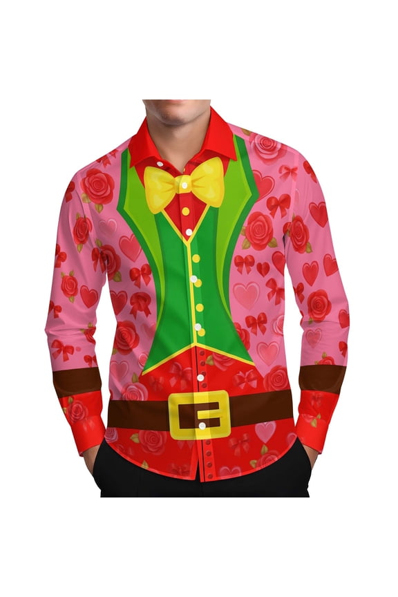 Valentines Day Dress Shirt Men Long Sleeve Lapel Shirts Funny Valentine Print Top Playful Graphic Lightweight Cozy Holiday Hawaiian Vacation Wear