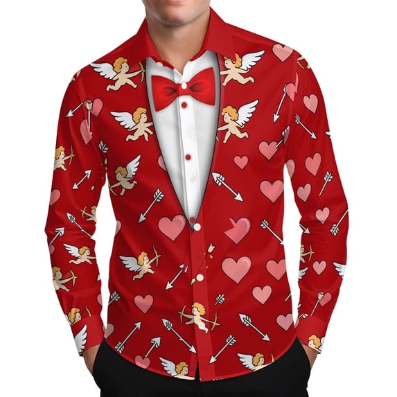 Xdegoge Valentines Day Dress Shirt Men Long Sleeve Lapel Shirts Funny Valentine Print Top Playful Graphic Lightweight Cozy Holiday Hawaiian Vacation Wear