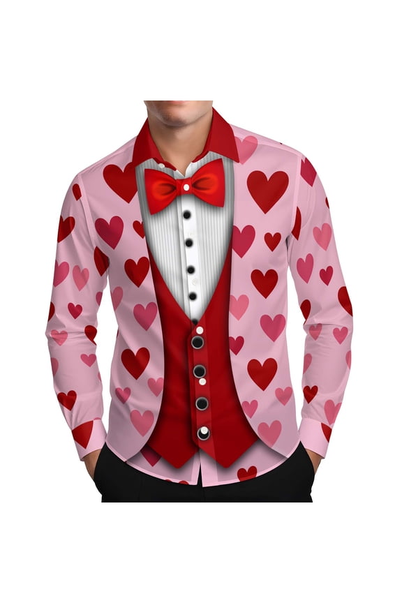 Valentines Day Dress Shirt Men Long Sleeve Lapel Shirts Funny Valentine Print Top Playful Graphic Lightweight Cozy Holiday Hawaiian Vacation Wear