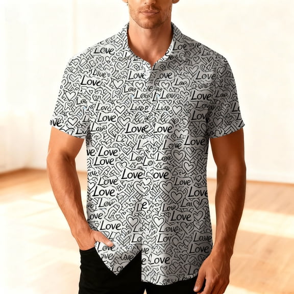 Xdegoge Valentines Day Dress Shirt Men Stylish Casual Short Sleeve Lapel Tops Simple Love Heart Print Button Down Shirts Mens Vacation Hawaiian Top