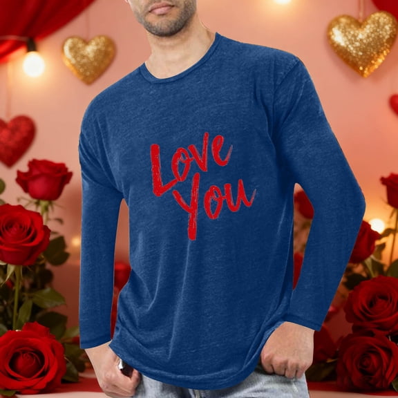 Xdegoge Valentines Day Shirt for Men Love Heart Print Long Sleeve T-Shirt Casual Crew Neck Graphic Tee for Men