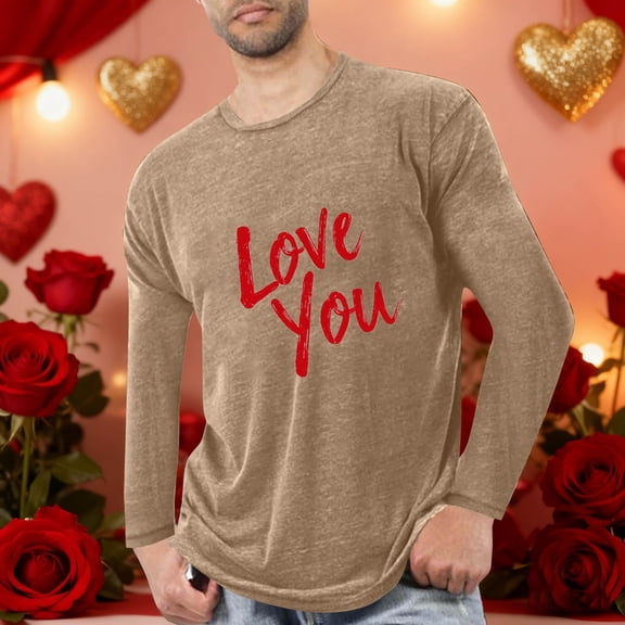 Xdegoge Valentines Day Shirt for Men Love Heart Print Long Sleeve T-Shirt Casual Crew Neck Graphic Tee for Men