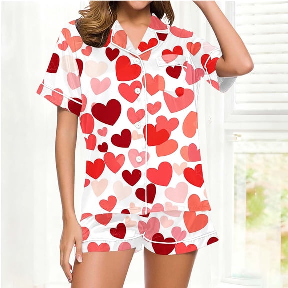 Xdegoge Valentines Pajamas for Women Set Matching 2 Piece Outfits Heart Graphic Sleepwear Short Sleeve Button Down Lapel Tops and Shorts Lounge Pjs