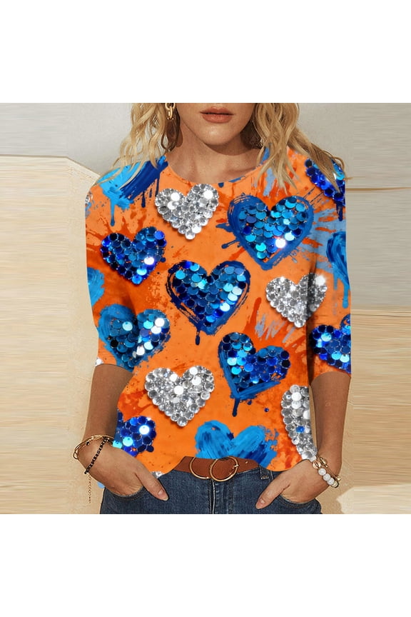 Valentines Shirts For Women Fashion Sequin Tops 3/4 Sleeve Crewneck Shirt Love Heart Print Glitter Top Casual Spring Summer Clothing 2026