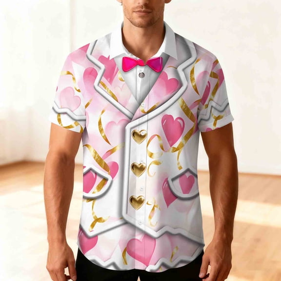 Xdegoge Valentines Shirts for Men Short Sleeve Button Up Funny Hawaiian Shirt Dressy Casual Summer Girlfriend Tops Holiday Party Tshirts Going Out Outfits