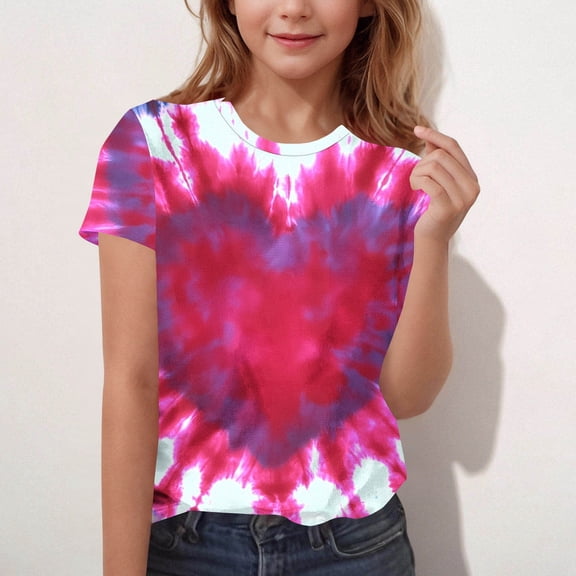 Xdegoge Valentines Shirts for Girls Tie-Dye Heart T-Shirt Short Sleeve Summer Tops Crew Neck Graphic Tees Cute Funny Tshirts