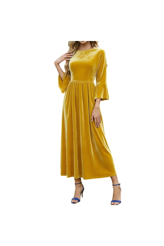 Velvet A Line Maxi Dress for Women, 3/4 Flare Sleeve High Waist Dresses, Elegant Wedding Guest Evening Dresses