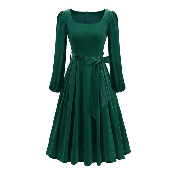 Xdegoge Velvet Dress for Women Long Sleeve Square Neck A-Line Swing Midi Dresses with Belted Vintage Cocktail Party Wedding Guest Formal Dressy Costume