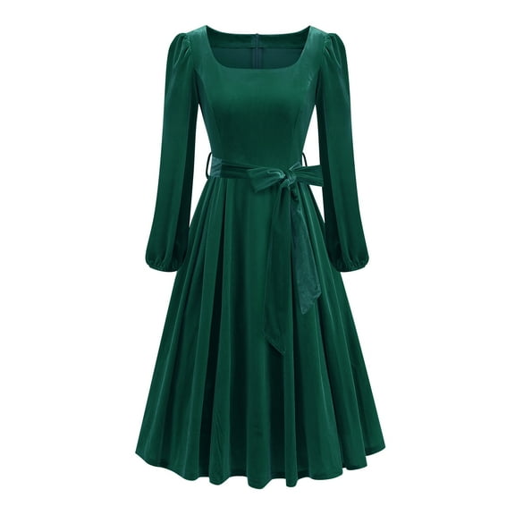 Xdegoge Velvet Dress for Women Long Sleeve Square Neck A-Line Swing Midi Dresses with Belted Vintage Cocktail Party Wedding Guest Formal Dressy Costume