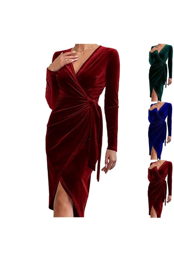 Velvet Dress for Women V Neck Midi Bodycon Dresses Vintage Classic Pleated Gown Elegant Luxury Thigh High Slit Gowns for Christmas Party, Wedding Reception