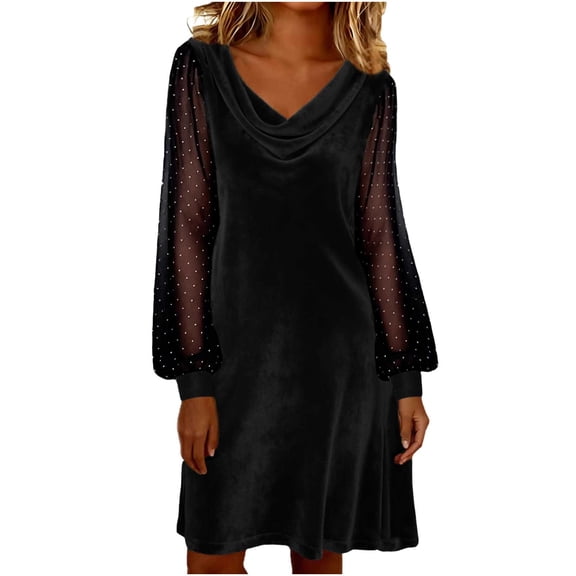 Xdegoge Velvet Dress for Women, Cowl Neck A Line Mini Dresses with Sheer Polka Dot Sleeves Casual and Party Outfits