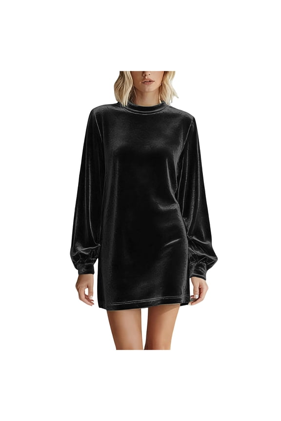 Velvet Dress for Women, Long Sleeve Mock Neck Loose Fit Mini Dresses, Elegant Party Holiday Evening Wear for Women