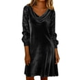 thumbnail image 1 of Xdegoge Velvet Dress for Women, Long Sleeve Sequin Cuff A Line Midi Dresses with Cowl Neck, Elegant Evening Party Wear, 1 of 8