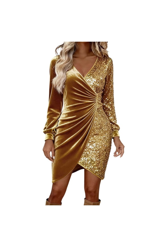 Velvet Dress for Women, Long Sleeve V Neck Sequin Embellished Wrap Dresses with Asymmetric Hem, Fitted Bodycon Party and Evening Wear
