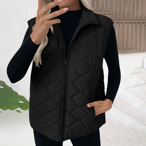 Xdegoge Vest Jackets for Women Full Zip Lapel Sleeveless Jackets Casual Loose Quilted Coat Lightweight Fall Winter Trendy Padded Outerwear with Pockets
