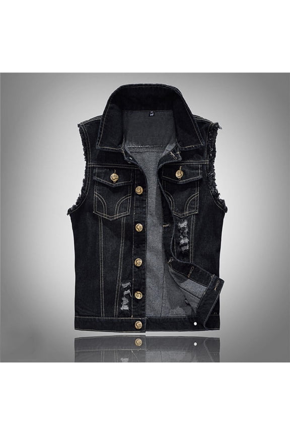 Vest for Men Distressed Denim Vests Lapel Sleeveless Jacket Vintage Wash Ripped Jean Jackets Fashion Loose Fitting Outerwears Street Style Layering outfits