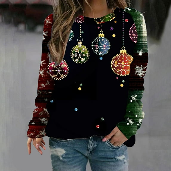 Xdegoge Vintage Christmas Tree Shirt Women Long Sleeve Color Block Pullover Tops Crewneck Loose Casual Blouse 2025 Winter Xmas Festival T-Shirts