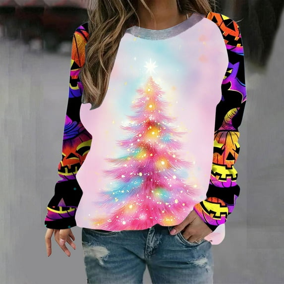 Xdegoge Vintage Christmas Tree Shirt Women Long Sleeve Color Block Pullover Tops Crewneck Loose Casual Blouse 2025 Winter Xmas Festival T-Shirts