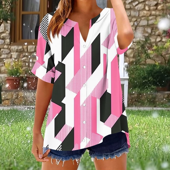 Xdegoge Vintage Cotton Linen Tunic Tops for Women Notch V Neck Short Sleeve Button Up Blouses Striped Print Relaxed Fit High Low Hem Shirts Casual Daily Wear Lightweight Flowy Tees