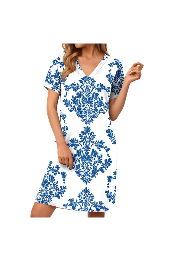 Vintage Dress for Women Relaxed Fit Notch V-Neck Casual Dresses Short Sleeve Shift Dress Floral Damask Print Basic Summer Daily Wear