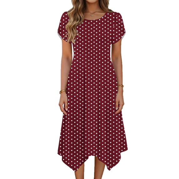 Xdegoge Vintage Midi Dress for Women Asymmetrical A Line Crewneck Short Sleeve Summer Dress Polka Dot with Pockets Party