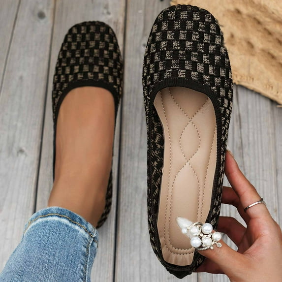 Xdegoge Walking Shoes for Women Breathable Woven Checkered Pattern Ballet Flats Round Toe Lightweight Slip On Loafers Closed Toe Casual Travel Footwear Versatile Daily
