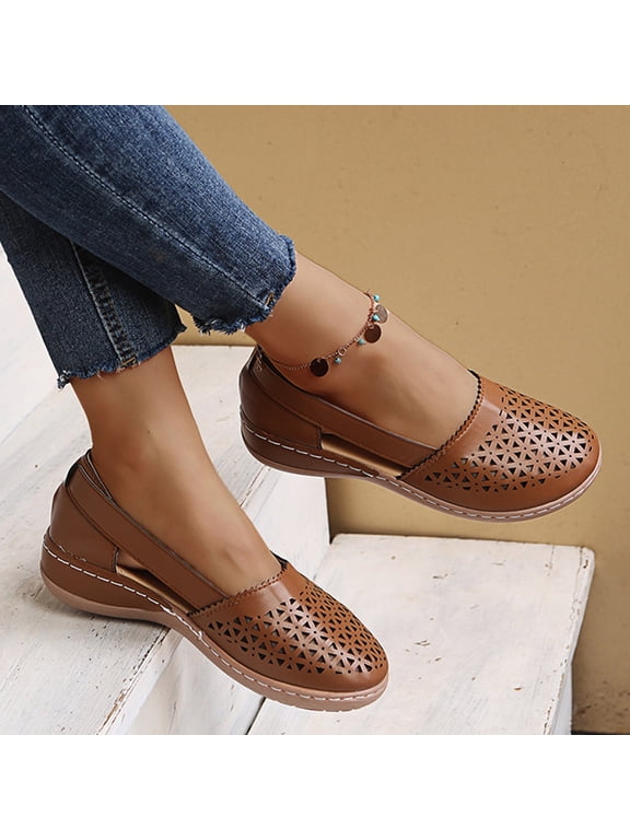 Walking Shoes for Women Summer Laser Cut Out Patterns Low Wedge Heels Side Cutout Closed Toe Loafers Casual Slip On Breathable Dressy Footwear Non Slip Ladies Shoes